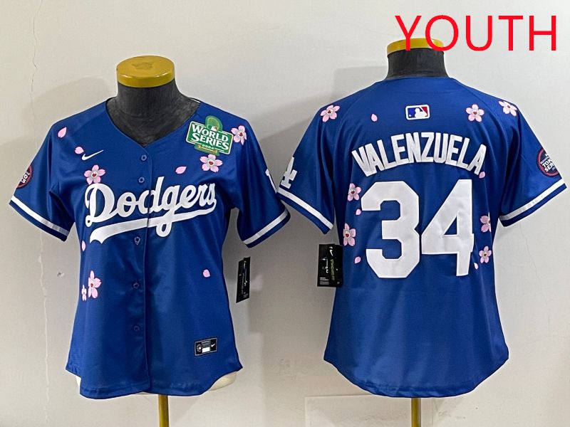 Youth Los Angeles Dodgers #34 Valenzuela Blue Sakura Edition 2025 Nike MLB Jersey style 37